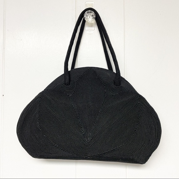 VINTAGE Corde-Bead Black Snap Close Handbag - Picture 1 of 8